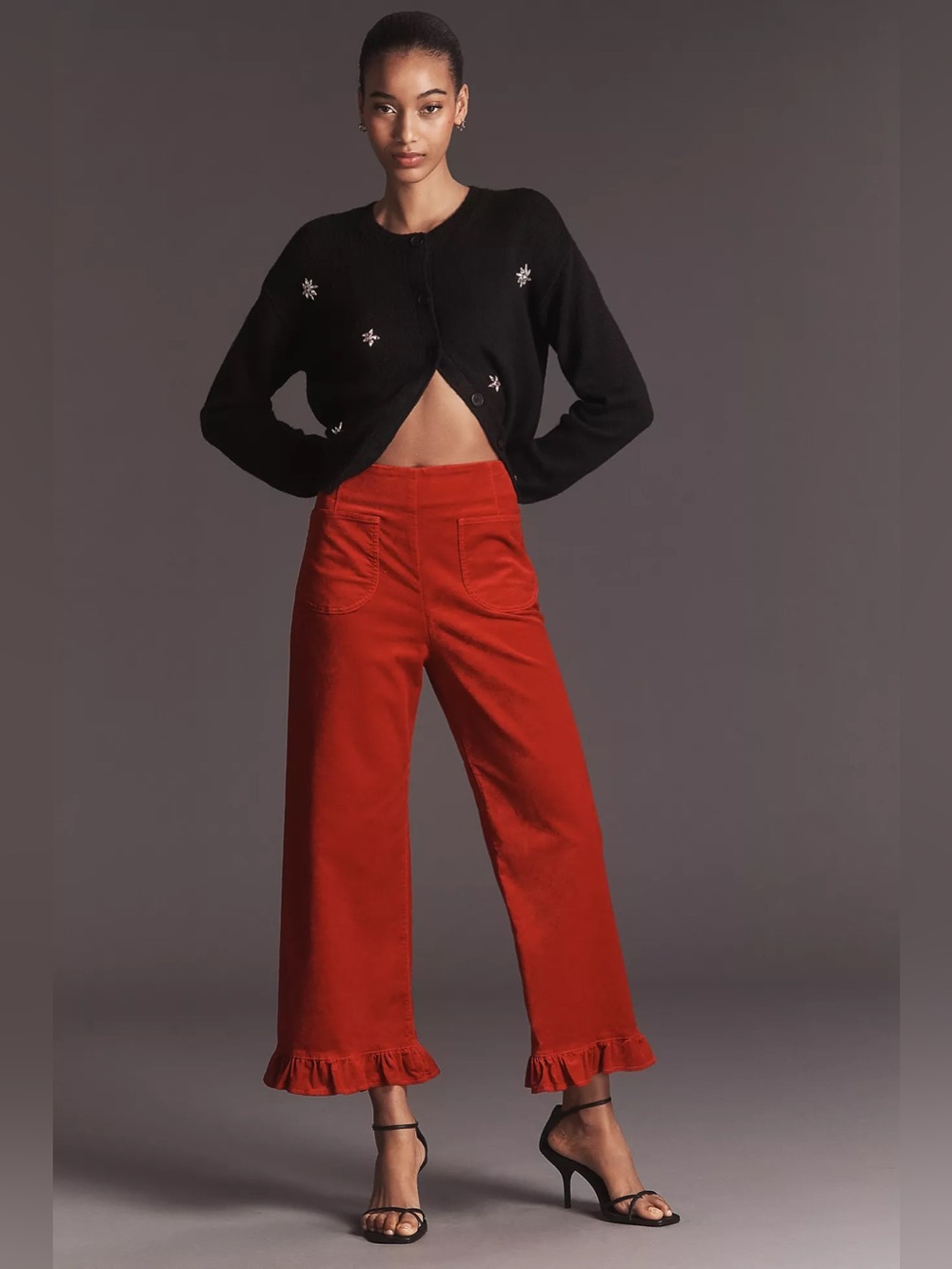Maeve Colette Cropped Velvet Ruffle Hem Pants Size 28